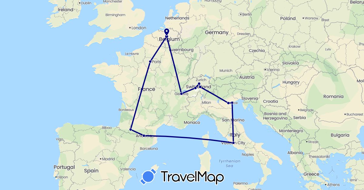 TravelMap itinerary: driving in Andorra, Belgium, Switzerland, France, Italy (Europe)